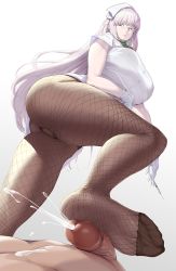 Rule 34 | 1girl, ass, breasts, cum, ejaculation, fate/grand order, fate (series), feet, florence nightingale (fate), florence nightingale (santa) (fate), footjob, glasses, gloves, large breasts, light purple hair, long hair, looking at viewer, nurse, pantyhose, penis, pov, red eyes, soles, syringe, toes, uncensored, upskirt