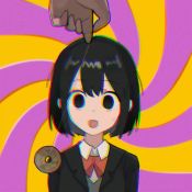 Rule 34 | animated, blouse, chromatic aberration, coin, collared shirt, glitch, hair between eyes, holed coin, mind control, orange background, pink background, shirt, solo focus, swept bangs, tagme, video, white shirt