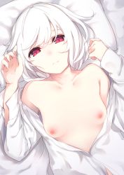 Rule 34 | 1girl, akira (otokuyou), albino, arms up, bad id, bad nicoseiga id, blouse, breasts, closed mouth, collarbone, dress shirt, dutch angle, expressionless, highres, looking at viewer, lying, naked shirt, nipples, on back, open clothes, open shirt, original, otokuyou, pillow, red eyes, shirt, small breasts, solo, swept bangs, upper body, white hair