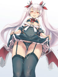Rule 34 | 1girl, azur lane, bad id, bad tumblr id, bee (deadflow), bikini, black bikini, black dress, black thighhighs, blush, cameltoe, cum, cum on body, cum on lower body, dress, dutch angle, fangs, from below, front-tie bikini top, front-tie top, garter straps, grey background, hair between eyes, highres, lace, lace-trimmed panties, lace trim, legs together, lifting own clothes, long hair, looking at viewer, panties, red eyes, silver hair, simple background, smile, solo, standing, swimsuit, thigh gap, thighhighs, tongue, tongue out, tsurime, twintails, underwear, upskirt, vampire (azur lane), very long hair, wings