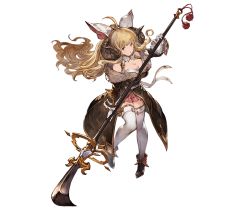 Rule 34 | 10s, 1girl, anila (granblue fantasy), bell, blonde hair, boots, breast press, breasts, draph, full body, fur trim, gloves, granblue fantasy, horns, large breasts, long coat, long hair, minaba hideo, miniskirt, naginata, official art, polearm, sheep, sheep horns, skirt, smile, solo, spear, thighhighs, transparent background, weapon