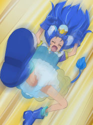 Rule 34 | 10s, 1girl, animal ears, blue footwear, blue gloves, blue hair, blue thighhighs, boots, choker, clenched hands, cure gelato, extra ears, closed eyes, falling, fang, gloves, haruyama kazunori, kirakira precure a la mode, lion ears, lion tail, magical girl, open mouth, precure, single thighhigh, solo, tail, tategami aoi, thighhighs