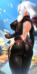 Rule 34 | 1girl, absurdres, ass, ass focus, bare shoulders, bodysuit, braid, breasts, bridal gauntlets, earrings, from behind, genshin impact, hair ornament, highres, huge ass, jewelry, large breasts, long hair, looking away, low-braided long hair, low-tied long hair, photo (object), shenhe (genshin impact), shiny clothes, shiny skin, sideboob, skin tight, solo, thighs, very long hair, white hair, zaekyn