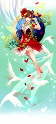 Rule 34 | 1girl, barefoot, bird, breasts, brown eyes, brown hair, cleavage, confetti, crescent moon, crossed ankles, curtains, dress, flower, full body, hair flower, hair ornament, hand up, highres, invisible chair, large breasts, looking at viewer, meiko (vocaloid), moon, nail polish, plant, plunging neckline, short hair, sitting, sleeveless, sleeveless dress, smile, solo, toenail polish, toenails, toyu, vines, vocaloid