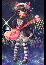 Rule 34 | 10s, 1girl, animal ears, aqua eyes, bell, black hair, bow, bowtie, cat ears, cat tail, checkered floor, cyan (show by rock!!), dress, drill hair, frilled dress, frills, gothic lolita, guitar, hairband, heart, heart guitar, high heels, highres, instrument, jingle bell, kakiikada, layered dress, light particles, lolita fashion, lolita hairband, looking at viewer, mary janes, neon lights, pillarboxed, shoes, short hair, show by rock!!, sky, smile, solo, spotlight, star (sky), starry sky, strawberry heart (show by rock!!), striped clothes, striped thighhighs, tail, thighhighs