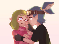 Rule 34 | 1boy, 1girl, arm grab, black gloves, black shirt, blue eyes, blue hair, blunt bangs, blush, closed mouth, comforting, commentary request, crying, crying with eyes open, fang, fingerless gloves, frown, gloves, goggles, goggles on head, green hair, grey background, hair ornament, hair scrunchie, hetero, highres, inkling, inkling boy, inkling girl, inkling player character, jacket, long sleeves, looking at another, maimo, medium hair, nintendo, parted lips, pink jacket, pointy ears, scrunchie, shirt, short hair, short sleeves, splatoon (series), splatoon 2, t-shirt, tears, tentacle hair, topknot, yellow eyes