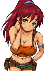 Rule 34 | 10s, 1girl, armlet, bellows (suisei no gargantia), blue eyes, blush, breasts, cleavage, kasanui, large breasts, long hair, looking at viewer, midriff, navel, ponytail, red hair, short shorts, shorts, simple background, smile, solo, suisei no gargantia, white background