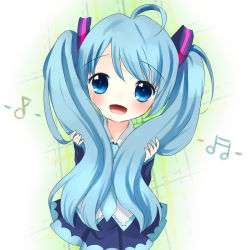 Rule 34 | 1girl, :d, blue eyes, bunching hair, green hair, hatsune miku, long hair, musical note, nashi rin, nasipika, necktie, no nose, open mouth, ribbon, smile, solo, twintails, very long hair, vocaloid, aged down