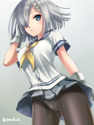 Rule 34 | 10s, 1girl, artist name, black pantyhose, blue eyes, blue skirt, blush, buttons, expressionless, gloves, grey background, hair ornament, hair over one eye, hairclip, hamakaze (kancolle), hand in own hair, kantai collection, looking at viewer, neckerchief, panties, panties under pantyhose, pantyhose, pantyshot, pleated skirt, ribbon, school uniform, serafuku, shirt, short hair, short sleeves, silver hair, simple background, skirt, solo, standing, tmsksa, underwear, white gloves, white shirt, yellow neckerchief, yellow ribbon