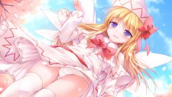 Rule 34 | 1girl, blonde hair, blue eyes, blue sky, blush, capelet, day, fairy wings, from below, hat, highres, lily white, long hair, long sleeves, lzh, open mouth, outdoors, panties, pantyshot, red ribbon, ribbon, sky, smile, solo, standing, thighhighs, touhou, tree, underwear, white panties, white thighhighs, wings