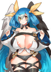Rule 34 | 1girl, areola slip, asymmetrical wings, bare shoulders, blue hair, blush, bow, breasts, choker, cleavage, collarbone, covered erect nipples, cowboy shot, curvy, dizzy (guilty gear), guilty gear, guilty gear xrd, hair bow, hair ribbon, hasppa, highres, huge breasts, inverted nipples, long hair, long sleeves, navel, ribbon, simple background, solo, tail, thighhighs, twintails, white background, wings