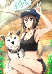 Rule 34 | 1girl, arm up, armpits, baseball cap, black shorts, black tank top, blue headwear, blush, breasts, brown eyes, brown hair, cleavage, commentary, crop top, day, dog, girls und panzer, hat, highres, knee up, large breasts, looking at viewer, medium breasts, midriff, navel, nishizumi maho, omachi (slabco), open mouth, outdoors, petting, short hair, short shorts, shorts, sportswear, squatting, stomach, tank top, v