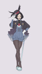 Rule 34 | 1girl, adjusting clothes, adjusting headwear, black hair, black headwear, black lips, black pantyhose, bob cut, brooch, cane, creatures (company), full body, game freak, gen 8 pokemon, gloves, highres, jewelry, long sleeves, looking at viewer, mr. rime, nintendo, pantyhose, pokemon, solo, standing, white gloves, winged hat, woborou, yellow eyes