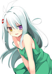 Rule 34 | 1girl, antenna hair, bare arms, bare shoulders, bow, collarbone, commentary request, dress, facial scar, flat chest, floating hair, fortissimo, from side, green bow, green dress, hair between eyes, hair ornament, heterochromia, highres, lanoria note, leaning forward, long hair, looking at viewer, looking to the side, mahcdai, musical note, musical note hair ornament, open mouth, original, purple eyes, quaver, scar, scar on cheek, scar on face, simple background, sleeveless, sleeveless dress, smile, solo, spaghetti strap, strap slip, tsurime, v arms, very long hair, white background, white hair, yellow eyes