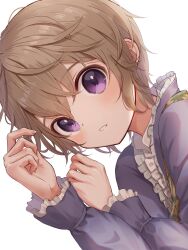 Rule 34 | 1boy, blush, collar, collared shirt, commentary, dutch angle, emil (nier), fingernails, floral print, frilled shirt collar, frilled sleeves, frills, hair between eyes, highres, light blush, light brown hair, long sleeves, looking at viewer, male focus, medium hair, nier, nier (series), parted lips, purple eyes, purple shirt, shirt, short hair, simple background, trap, two-tone shirt, upper body, usami (usami l), white background, white shirt