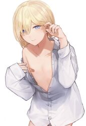 Rule 34 | 1boy, bandaid, bandaids on nipples, blonde hair, blue eyes, closed mouth, collarbone, commentary request, cowboy shot, dress shirt, hair between eyes, highres, long sleeves, looking at viewer, medium hair, original, pasties, shirt, simple background, solo, sunaba (nczd5875), trap, unbuttoned, unbuttoned shirt, white background, white shirt