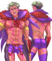 Rule 34 | 1boy, abs, ascot, ass, body markings, cape, chain, clothing cutout, dark-skinned male, dark skin, green hair, king of prism, king of prism: prism rush! live, king of prism by prettyrhythm, male focus, multicolored hair, nipples, open mouth, pretty rhythm, pretty series, purple eyes, revealing clothes, solo, thigh cutout, toroi (run01211), two-tone hair, yamato alexander