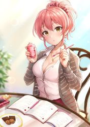 Rule 34 | 1girl, blurry, breasts, cardigan, cellphone, chair, character doll, cleavage, cookie, depth of field, earrings, eating, food, food on face, glint, hair ornament, hair scrunchie, heart, heart earrings, highres, idolmaster, idolmaster cinderella girls, indoors, jewelry, jougasaki mika, jougasaki rika, looking at viewer, mechanical pencil, medium breasts, necklace, notebook, parted lips, partially unbuttoned, pencil, phone, pink hair, scrunchie, short ponytail, sitting, smartphone, solo, table, takeashiro, yellow eyes