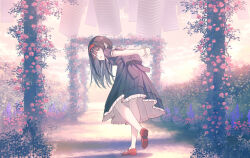 Rule 34 | 1girl, back bow, black bow, black dress, black hair, blue eyes, blurry, blurry background, bow, breasts, child, day, dress, field, flower, flower field, frilled dress, frills, from behind, headband, highres, koh rd, leg up, long hair, looking at viewer, medium breasts, no socks, open mouth, original, outdoors, outstretched arms, own hands together, plant, red flower, red footwear, red headband, red rose, rose, shoes, short sleeves, sidelocks, smile, solo, standing, sunlight