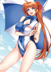 Rule 34 | 00s, 1girl, blue eyes, blush, breast hold, breasts, brown hair, cleavage, cleavage cutout, clothing cutout, itachou, large breasts, leotard, long hair, lyrical nanoha, mahou shoujo lyrical nanoha strikers, open mouth, purple eyes, race queen, red hair, side ponytail, solo, standing, takamachi nanoha, umbrella, very long hair