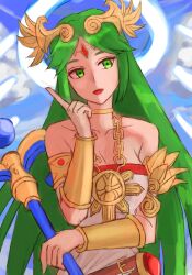 Rule 34 | 1girl, absurdres, aoyagi 0, armlet, bare shoulders, breasts, chain, cleavage, collarbone, diadem, gold chain, green eyes, green hair, highres, holding, holding staff, kid icarus, kid icarus uprising, long hair, medium breasts, nintendo, open mouth, palutena, solo, staff, upper body, vambraces
