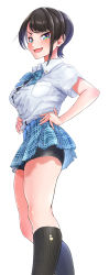 Rule 34 | 1girl, bike shorts, blue eyes, bow, bowtie, brown hair, button gap, duck print, feet out of frame, hand on own hip, hands on own hips, highres, hololive, kilesha, kneehighs, oozora subaru, open mouth, plaid, plaid skirt, school uniform, shirt tucked in, short hair, simple background, skirt, smile, socks, solo, uniform, virtual youtuber, white background, wristband