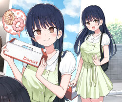 1girl black_hair blush boku_no_kokoro_no_yabai_yatsu box brown_hair collared_dress day doughnut dress food green_dress holding holding_box multiple_views official_art outdoors sune_(mugendai) yamada_anna