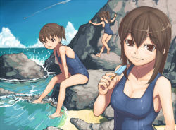 Rule 34 | 3girls, age difference, barefoot, beach, breasts, brown eyes, brown hair, child, cleavage, cliff, contrail, day, feet, food, medium breasts, multiple girls, ocean, one-piece swimsuit, original, outdoors, ponytail, popsicle, ripples, rock, sajipen, school swimsuit, sitting, soaking feet, soles, splashing, sweat, swimsuit, toes, water