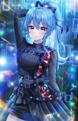 Rule 34 | 1girl, absurdres, blue eyes, blue hair, bow, hair bow, highres, hololive, hoshimachi suisei, long hair, long sleeves, looking at viewer, ponytail, shirt, solo, turtleneck, turtleneck shirt, virtual youtuber, wajuniorbox
