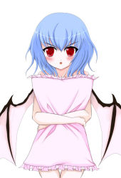 Rule 34 | 1girl, blue hair, blush, female focus, frilled pillow, frills, hugging object, pillow, pillow hug, red eyes, remilia scarlet, solo, touhou, wings