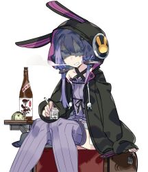 1girl alcohol animal_hood black_jacket cigarette commentary_request criss-cross_halter cup dress drink drinking_glass feet_out_of_frame glass_bottle grin halterneck holding holding_cigarette hood hooded_jacket jacket karei light_blush long_sleeves looking_at_viewer open_clothes open_jacket purple_dress purple_eyes purple_hair purple_thighhighs rabbit_hood short_hair_with_long_locks simple_background sitting smile solo thighhighs vocaloid voiceroid white_background yuzuki_yukari yuzuki_yukari_(lin)