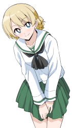 Rule 34 | 1girl, black neckerchief, blonde hair, blue eyes, blush, braid, closed mouth, collarbone, darjeeling (girls und panzer), french braid, girls und panzer, green skirt, highres, long sleeves, looking at viewer, neckerchief, ooarai school uniform, pleated skirt, ponzu rui, sailor collar, school uniform, serafuku, simple background, skirt, smile, solo, standing, white background, white sailor collar