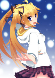 Rule 34 | 10s, 1girl, absurdres, blonde hair, blue eyes, blush, fang, female focus, from behind, grisaia (series), grisaia no kajitsu, highres, hood, hoodie, looking at viewer, looking back, matsushima michiru, nase, open mouth, outstretched arms, short hair, skirt, smile, solo, spread arms, twintails