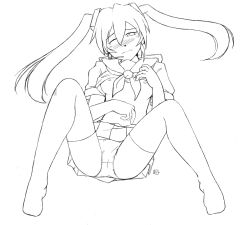 Rule 34 | 1girl, blush, breasts, clothes lift, greyscale, hair between eyes, hatsune miku, kit (studio), lineart, long hair, monochrome, nipples, panties, pantyshot, shirt lift, skirt, small breasts, solo, thighhighs, twintails, underwear, upskirt, vocaloid