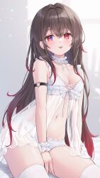 Rule 34 | 1girl, arm strap, babydoll, bare shoulders, between legs, breasts, brown hair, choker, frilled choker, frilled panties, frills, gradient eyes, gradient hair, hand between legs, highres, lingerie, long hair, looking at viewer, multicolored eyes, multicolored hair, navel, original, panties, purple eyes, red eyes, red hair, see-through, shano hiyori, small breasts, solo, stomach, thighhighs, thighs, tongue, tongue out, underwear, underwear only, very long hair, white babydoll, white panties, white thighhighs, wrist cuffs