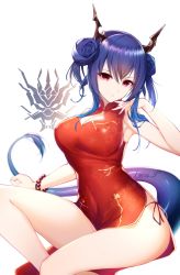 Rule 34 | 1girl, arknights, armpits, bare legs, blue hair, breasts, ch&#039;en (ageless afterglow) (arknights), ch&#039;en (arknights), china dress, chinese clothes, cleavage, dragon, dragon girl, dragon horns, dragon tail, dress, female focus, highres, horns, large breasts, leria v, looking at viewer, official alternate costume, red eyes, short hair, solo, tail