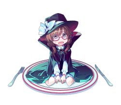 Rule 34 | 1girl, aqua theme, black hat, blouse, bow, brown eyes, brown hair, cape, collared shirt, fork, glasses, hat, hat ribbon, head tilt, knife, low twintails, mini person, minigirl, on plate, open mouth, plate, red-framed eyewear, ribbon, semi-rimless eyewear, shirt, simple background, sitting, sketch background, skirt, solo, sweatdrop, touhou, twintails, under-rim eyewear, unfinished, usami sumireko, white background, white bow, white shirt, zounose