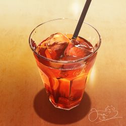 Rule 34 | artist name, commentary request, cup, drink, drinking glass, drinking straw, food focus, from above, fusui, ice, ice cube, iced tea, liquid, no humans, original, signature, sunlight, table