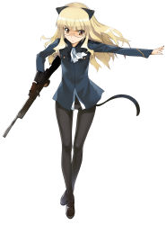 Rule 34 | 1girl, a1 (initial-g), absurdres, animal ears, blonde hair, bren lmg, cat ears, cat tail, crotch seam, glasses, gun, highres, legs, light machine gun, long hair, non-web source, panties, panties under pantyhose, pantyhose, perrine h. clostermann, simple background, solo, strike witches, tail, underwear, uniform, weapon, world witches series, yellow eyes