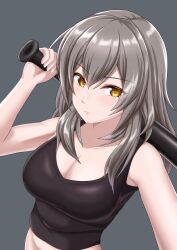 Rule 34 | 1girl, bare arms, bare shoulders, baseball bat, black tank top, breasts, cleavage, commentary request, grey background, grey hair, groin, hair between eyes, hand up, highres, holding, holding baseball bat, honkai: star rail, honkai (series), large breasts, long hair, looking at viewer, midori mushi, out-of-frame censoring, simple background, solo, stelle (honkai: star rail), tank top, trailblazer (honkai: star rail), upper body, yellow eyes