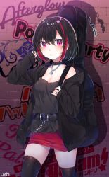 Rule 34 | 1girl, absurdres, adjusting hair, alley, bad id, bad pixiv id, bang dream!, bare shoulders, belt, belt buckle, black belt, black hair, black jacket, black shirt, black thighhighs, blush, bob cut, breasts, brick wall, buckle, chain, chain necklace, frown, graffiti, group name, highres, holding strap, hood, hooded jacket, instrument case, jacket, jewelry, lock, logo, looking at viewer, medium breasts, miniskirt, mitake ran, multicolored hair, necklace, off shoulder, outdoors, pink eyes, red skirt, ring, shirt, skirt, sleeveless, sleeveless shirt, sleeves past wrists, spaghetti strap, streaked hair, thighhighs, urim (paintur), zettai ryouiki