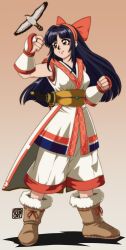Rule 34 | 0tacat, 1girl, absurdres, ainu clothes, arm guards, bird, black hair, boots, bow, breasts, bridal gauntlets, brown footwear, clenched hands, commentary, english commentary, full body, grey eyes, hair bow, hawk, highres, long hair, mamahaha, medium breasts, nakoruru, pants, parted lips, red bow, retro artstyle, samurai spirits, short sword, signature, smile, solo, sword, weapon, white pants