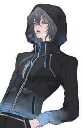 Rule 34 | 1boy, absurdres, black hood, black pants, blue eyes, fangs, fate/grand order, fate (series), hair between eyes, hand in pocket, highres, hood, long sleeves, male focus, medium hair, oberon (fate), oberon (third ascension) (fate), official alternate costume, open mouth, pants, sidelocks, simple background, solo, standing, tongue, tongue out, white background, yurumawari, zipper