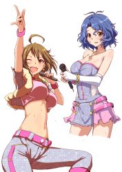 Rule 34 | 10s, 2girls, ;d, \m/, ahoge, antenna hair, arm up, blue hair, breasts, clearite, cleavage, cowboy shot, fingerless gloves, gloves, highres, ibuki tsubasa, idolmaster, idolmaster million live!, jewelry, microphone, midriff, million dreams (idolmaster), multiple girls, navel, necklace, one eye closed, open mouth, red eyes, simple background, skirt, smile, sweat, toyokawa fuka, white background, white gloves