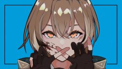 Rule 34 | 1girl, absurdres, ahoge, blue background, brown cloak, brown eyes, brown hair, cloak, facepaint, feathers, fingernails, gloves, highres, hololive, hololive english, long hair, looking at viewer, multicolored hair, nanashi mumei, paint splatter, paint splatter on face, partially fingerless gloves, streaked hair, varna, very long hair, virtual youtuber