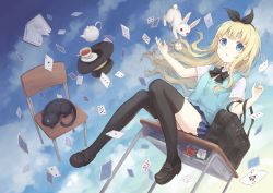Rule 34 | 104, 1girl, bag, black footwear, black thighhighs, blonde hair, blue eyes, book, bow, bowtie, card, cat, chair, cup, desk, eyebrows, flower, hairband, hands up, hat, highres, loafers, long hair, original, parted lips, playing card, pleated skirt, poker, rabbit, school bag, school chair, school desk, school uniform, shoes, skirt, sky, solo, teacup, teapot, thighhighs, uniform, zettai ryouiki