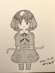 Rule 34 | 1girl, blush, boots, closed mouth, crowbar, dated, greyscale, hair bobbles, hair ornament, hat, highres, holding, holding crowbar, jacket, kawashiro nitori, long sleeves, looking at viewer, monochrome, photo (medium), poronegi, pouch, skirt, smile, solo, touhou, traditional media, two side up