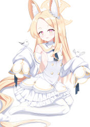 Rule 34 | 1girl, absurdres, animal ears, armpits, bird, blonde hair, blue archive, blush, breasts, detached sleeves, forehead, fox ears, halo, highres, long hair, open mouth, pantyhose, seia (blue archive), seiza, simple background, sitting, small breasts, solo, white background, yellow eyes, yoshino sakura (0db5t510388113n)