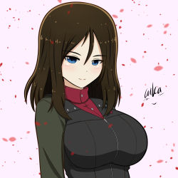 Rule 34 | 1girl, absurdres, aikazilla, artist name, black hair, black vest, blue eyes, breasts, closed mouth, commentary, girls und panzer, green jacket, highres, insignia, jacket, large breasts, long hair, looking at viewer, military, military uniform, nonna (girls und panzer), petals, pink background, pravda military uniform, red shirt, shirt, signature, smile, solo, swept bangs, turtleneck, uniform, upper body, vest, zipper