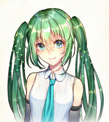 Rule 34 | 1girl, aqua necktie, bare shoulders, blue eyes, breasts, closed mouth, clover-shaped pupils, collared shirt, commentary, detached sleeves, eyelashes, green hair, grey sleeves, hair between eyes, hatsune miku, highres, hikariken, long hair, looking at viewer, medium breasts, necktie, shirt, sidelocks, sleeveless, sleeveless shirt, smile, solo, star-shaped pupils, star (symbol), star in eye, symbol-shaped pupils, symbol in eye, upper body, vocaloid, white background, white shirt, wispy bangs